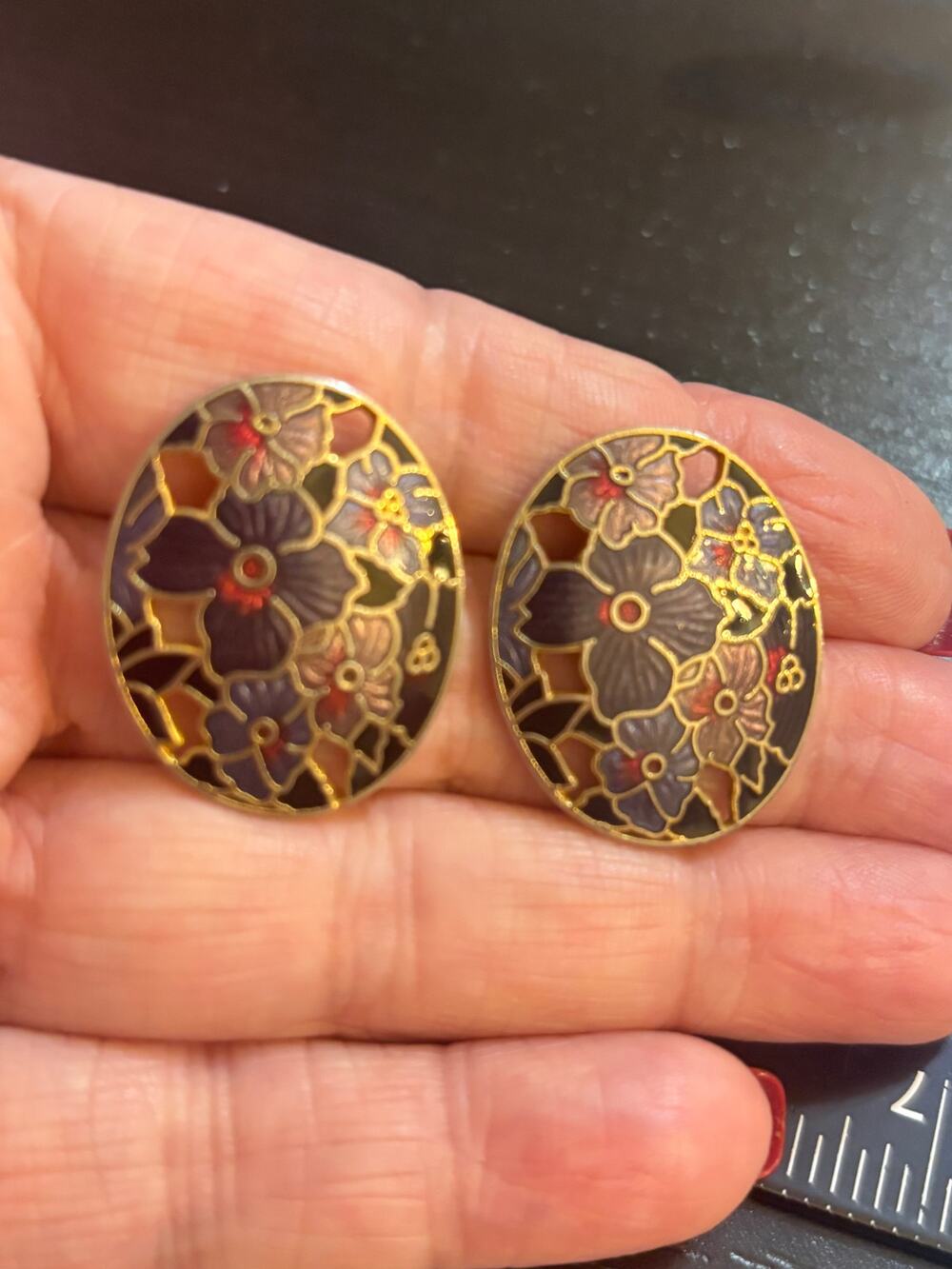 Vintage Floral Cloisonné Enamel Pierced Earrings